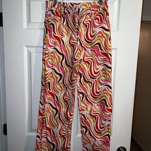 Multi Color Red Pink Yellow Groovy Swirl Denim Pants - Size L 🪩 Only worn once!
